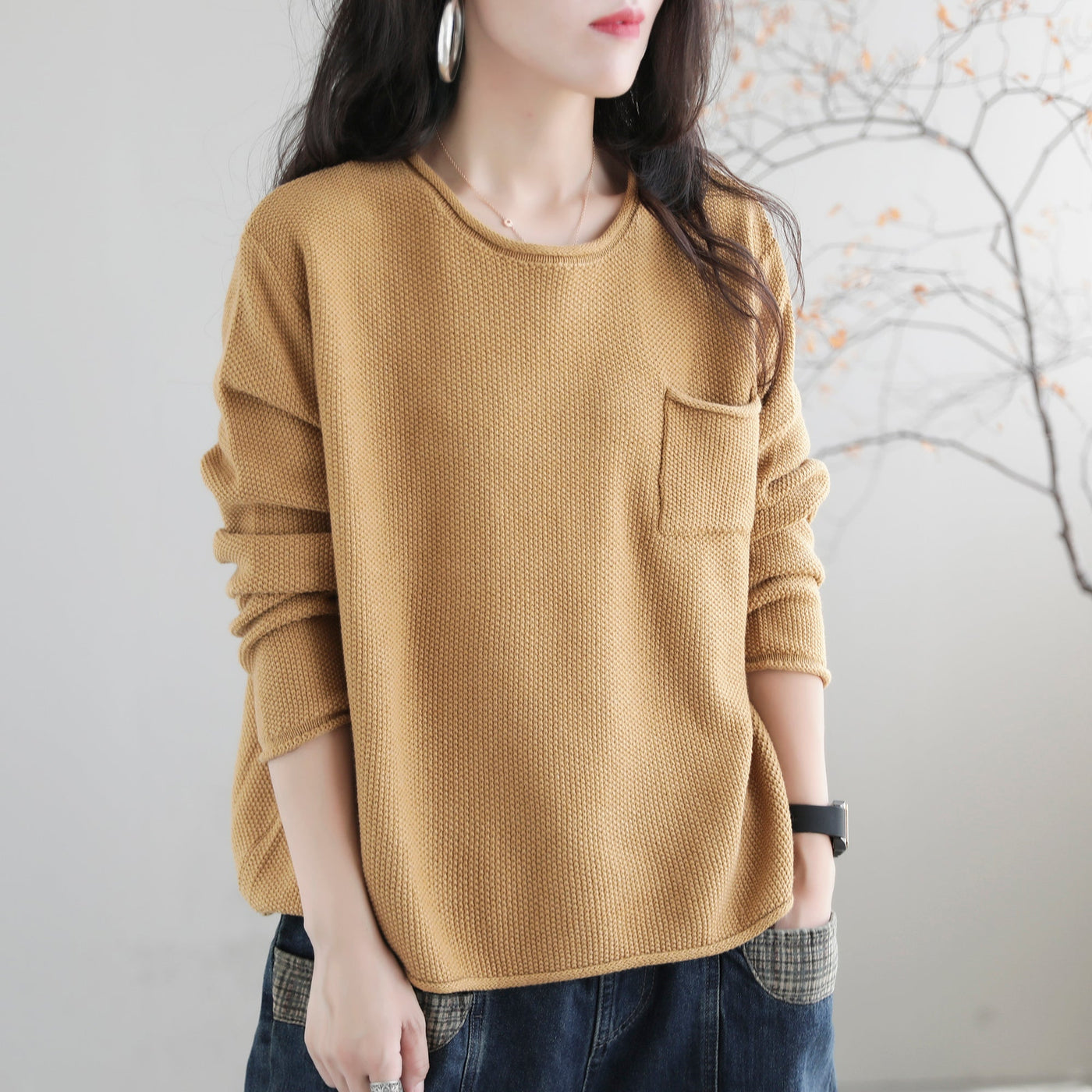 Women Autumn Solid Retro Cotton Knitted Sweater Aug 2022 New Arrival 