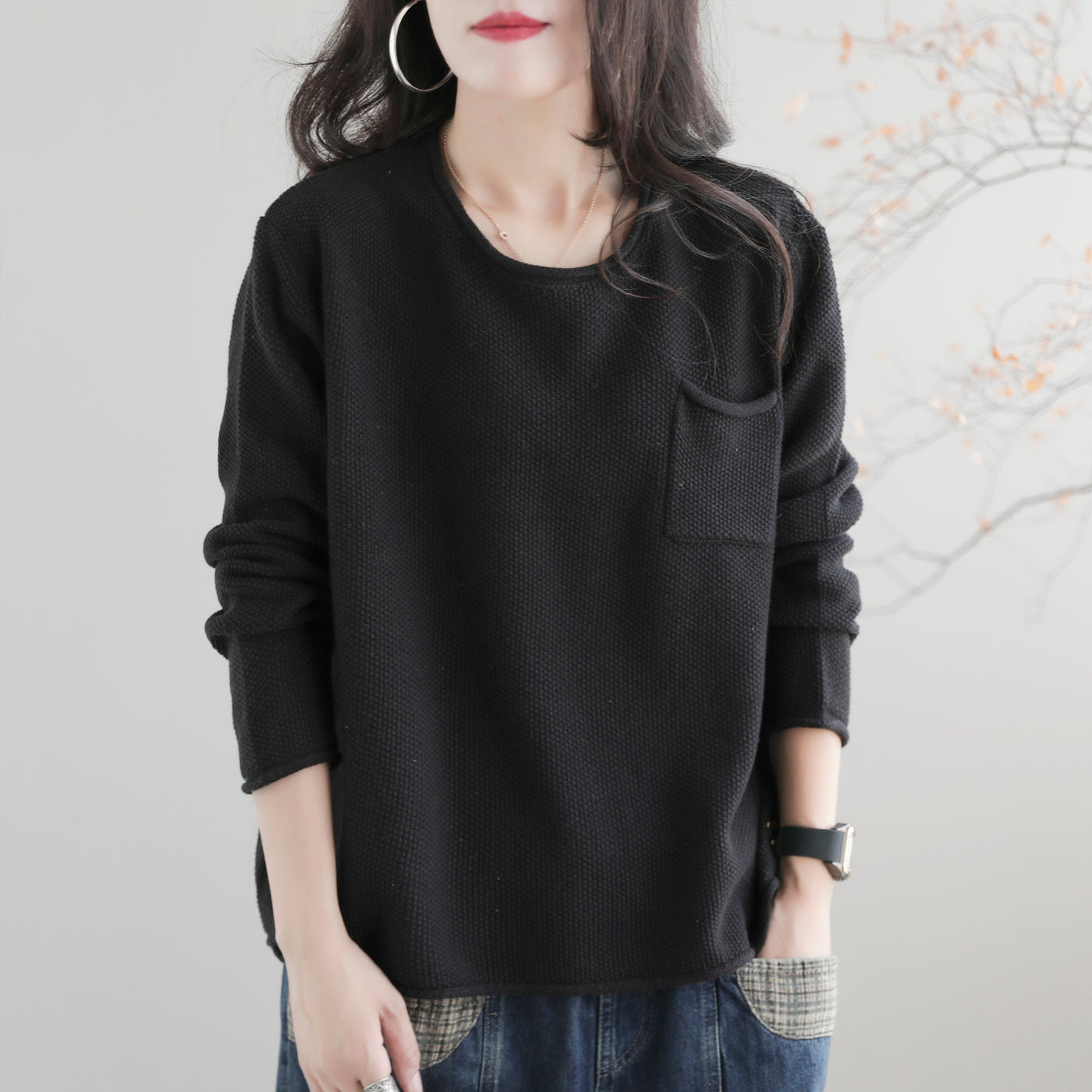 Women Autumn Solid Retro Cotton Knitted Sweater Aug 2022 New Arrival One Size Black 