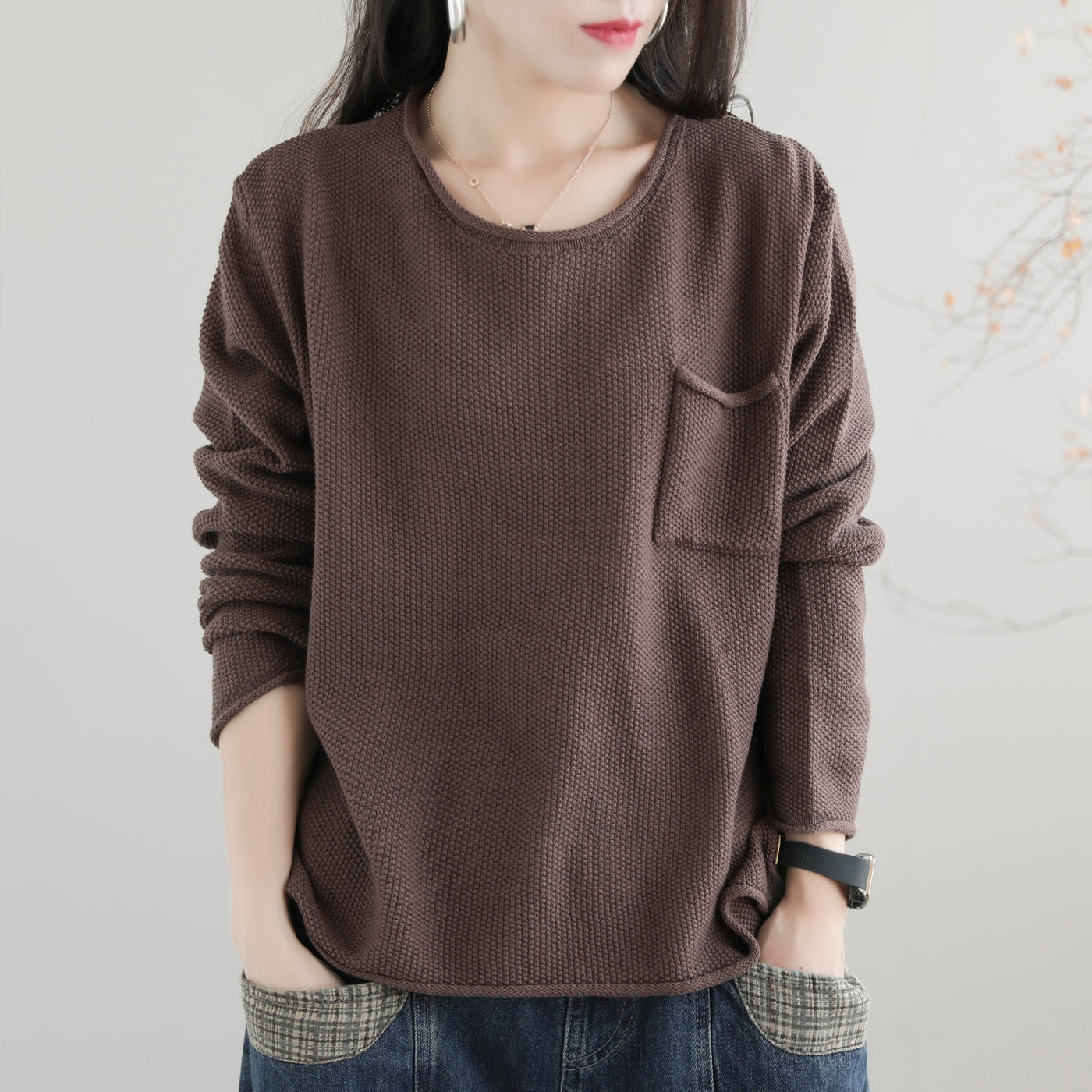 Women Autumn Solid Retro Cotton Knitted Sweater Aug 2022 New Arrival One Size Brown 