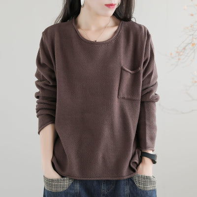 Women Autumn Solid Retro Cotton Knitted Sweater