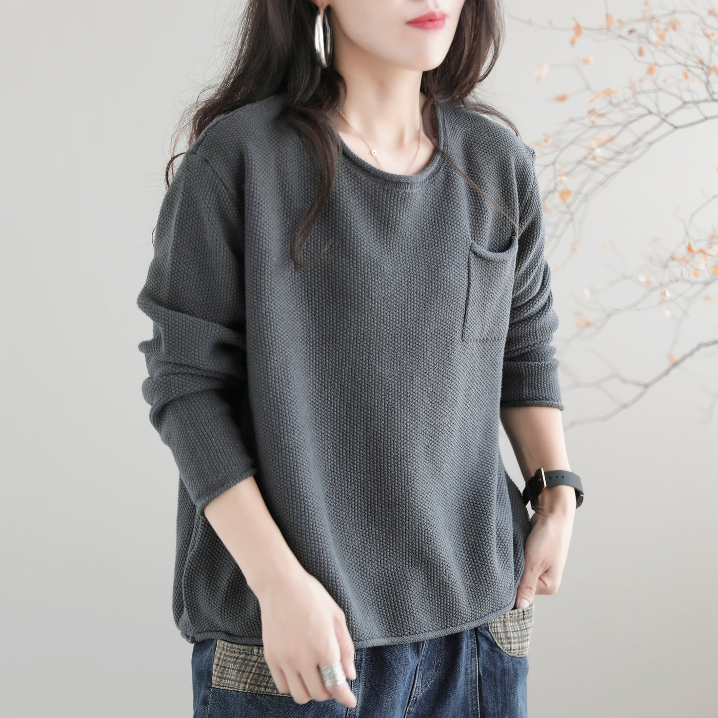 Women Autumn Solid Retro Cotton Knitted Sweater Aug 2022 New Arrival One Size cement ash 