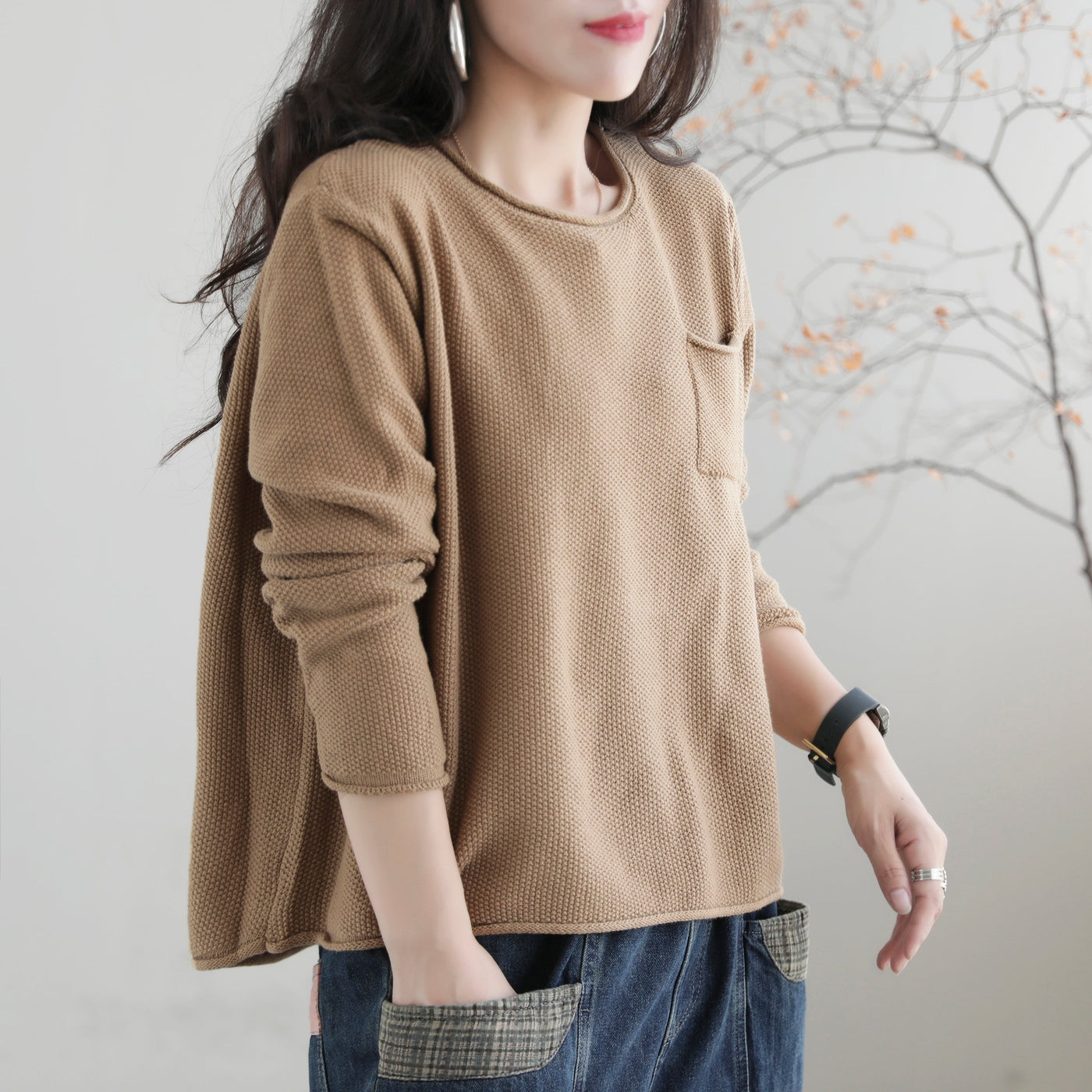 Women Autumn Solid Retro Cotton Knitted Sweater Aug 2022 New Arrival One Size Khaki 