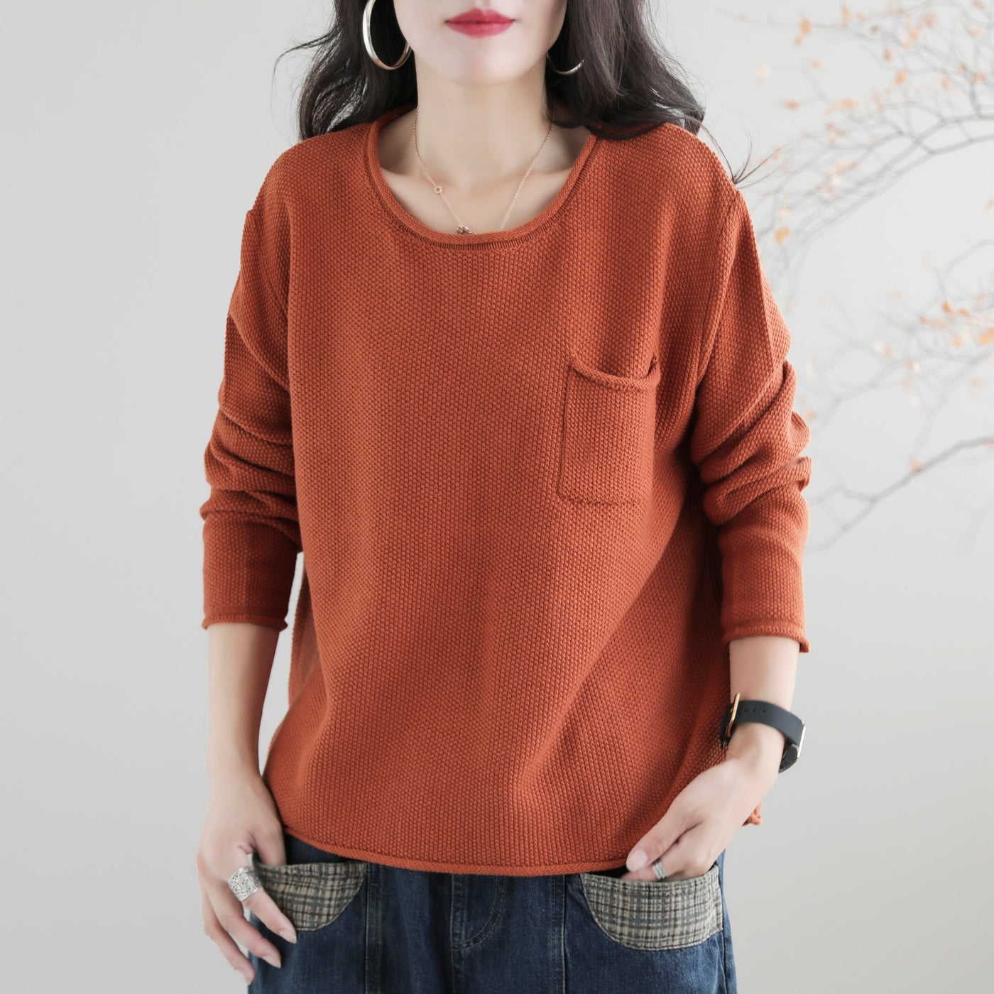 Women Autumn Solid Retro Cotton Knitted Sweater Aug 2022 New Arrival One Size Orange 