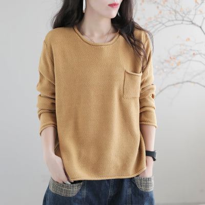 Women Autumn Solid Retro Cotton Knitted Sweater Aug 2022 New Arrival One Size Yellow 