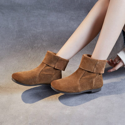 Women Autumn Solid Soft Leather Flat Boots