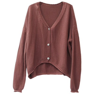 Women Autumn Solid V-Neck Cotton Knitted Cardigan