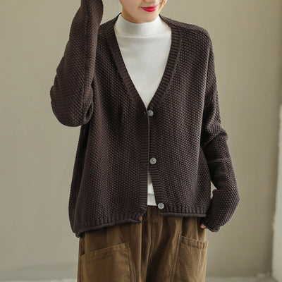 Women Autumn Solid V-Neck Cotton Knitted Cardigan Sep 2022 New Arrival 