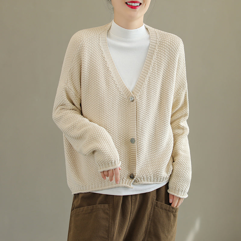 Women Autumn Solid V-Neck Cotton Knitted Cardigan Sep 2022 New Arrival One Size Beige 