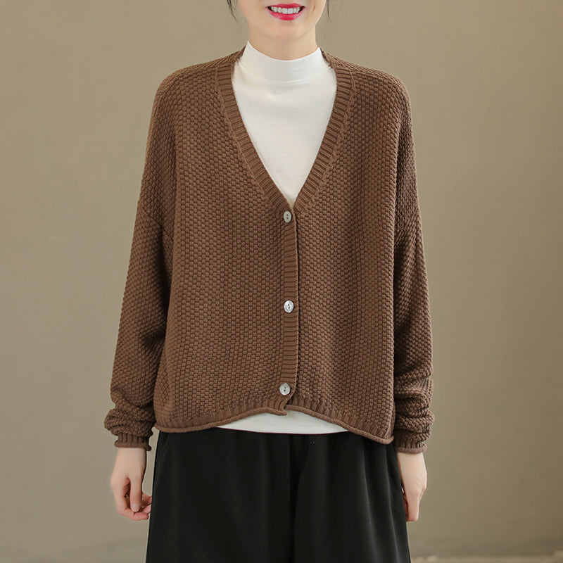 Women Autumn Solid V-Neck Cotton Knitted Cardigan Sep 2022 New Arrival One Size Camel 