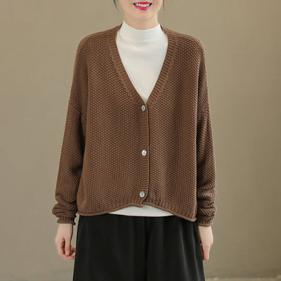 Women Autumn Solid V-Neck Cotton Knitted Cardigan Sep 2022 New Arrival One Size Camel 