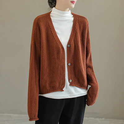 Women Autumn Solid V-Neck Cotton Knitted Cardigan Sep 2022 New Arrival One Size Caramel 
