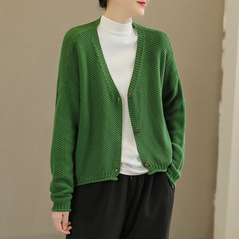 Women Autumn Solid V-Neck Cotton Knitted Cardigan Sep 2022 New Arrival One Size Green 