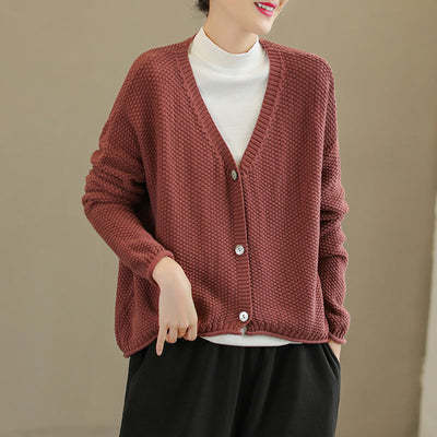 Women Autumn Solid V-Neck Cotton Knitted Cardigan