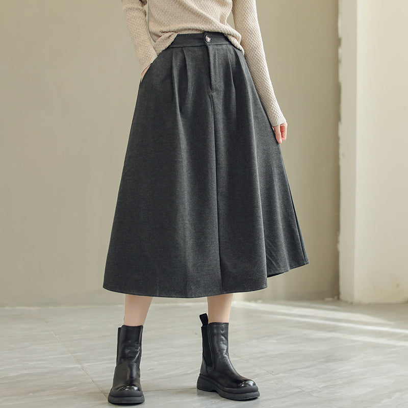 Women Autumn Solid Woolen Loose Skirt