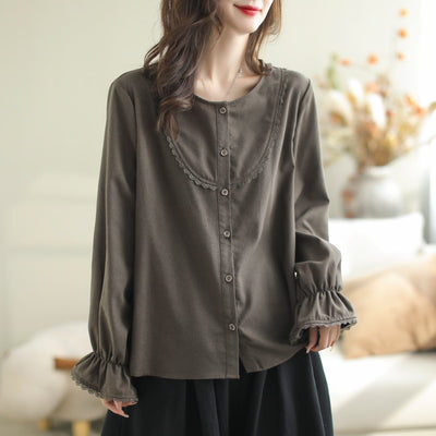 Women Autumn Stylish Casual Ruffle Cotton Linen Blouse Sep 2023 New Arrival One Size Gray 