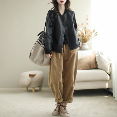 Women Autumn Stylish Solid Leather Jacket Sep 2023 New Arrival 