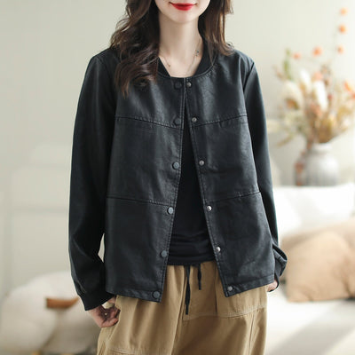 Women Autumn Stylish Solid Leather Jacket Sep 2023 New Arrival M Black 