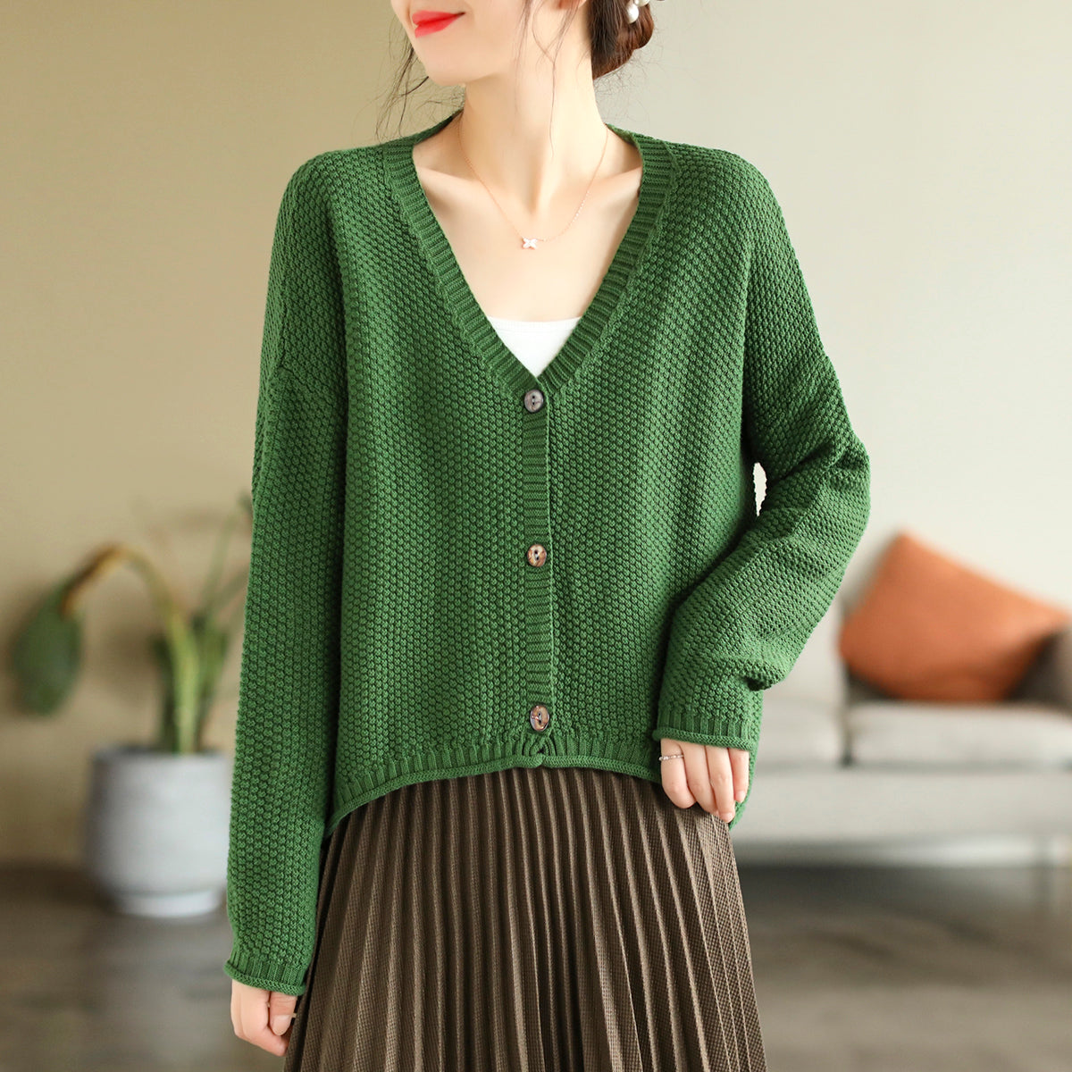 Women Autumn V-Neck Cotton Knitted Cardigan Sep 2022 New Arrival 