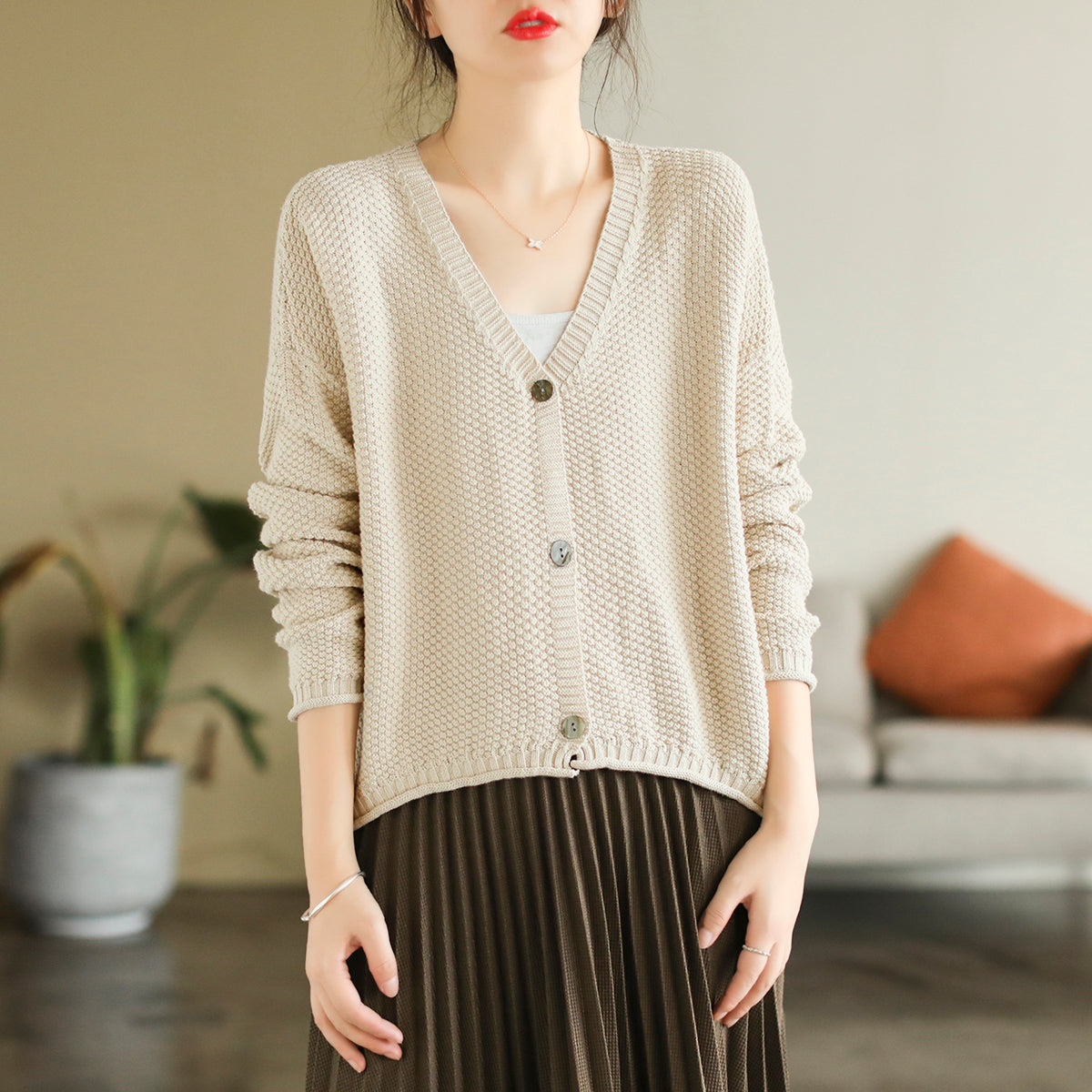 Women Autumn V-Neck Cotton Knitted Cardigan Sep 2022 New Arrival One Size Beige 