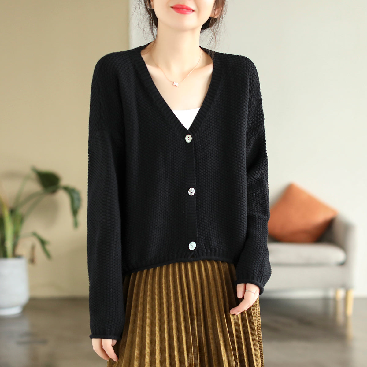 Women Autumn V-Neck Cotton Knitted Cardigan