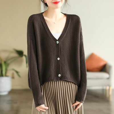 Women Autumn V-Neck Cotton Knitted Cardigan Sep 2022 New Arrival One Size Coffee 