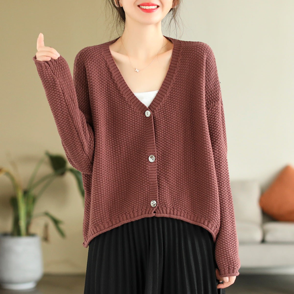 Women Autumn V-Neck Cotton Knitted Cardigan Sep 2022 New Arrival One Size Dark Red 