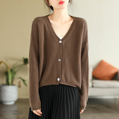 Women Autumn V-Neck Cotton Knitted Cardigan Sep 2022 New Arrival One Size Light Coffee 