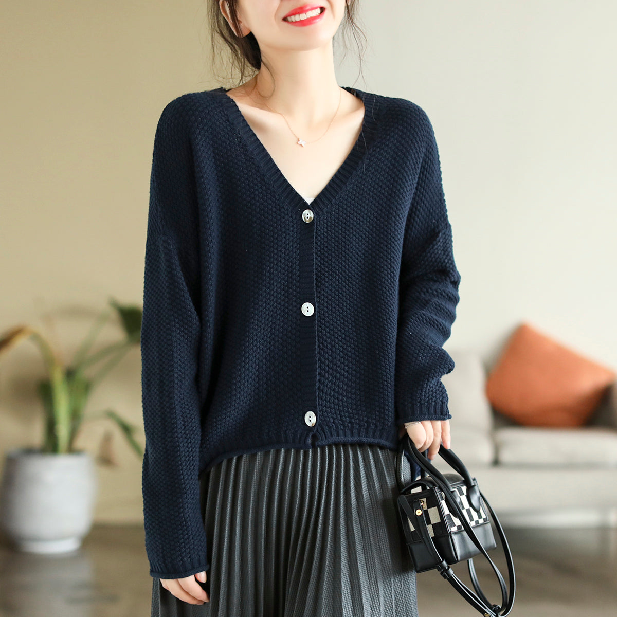 Women Autumn V-Neck Cotton Knitted Cardigan Sep 2022 New Arrival One Size Navy 