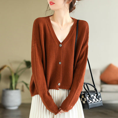 Women Autumn V-Neck Cotton Knitted Cardigan Sep 2022 New Arrival One Size Red 
