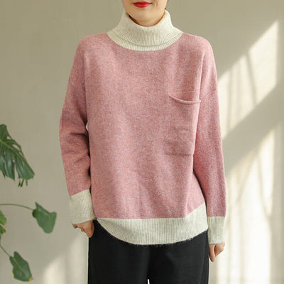 Women Autumn Winter Color Matching Knitted Sweater
