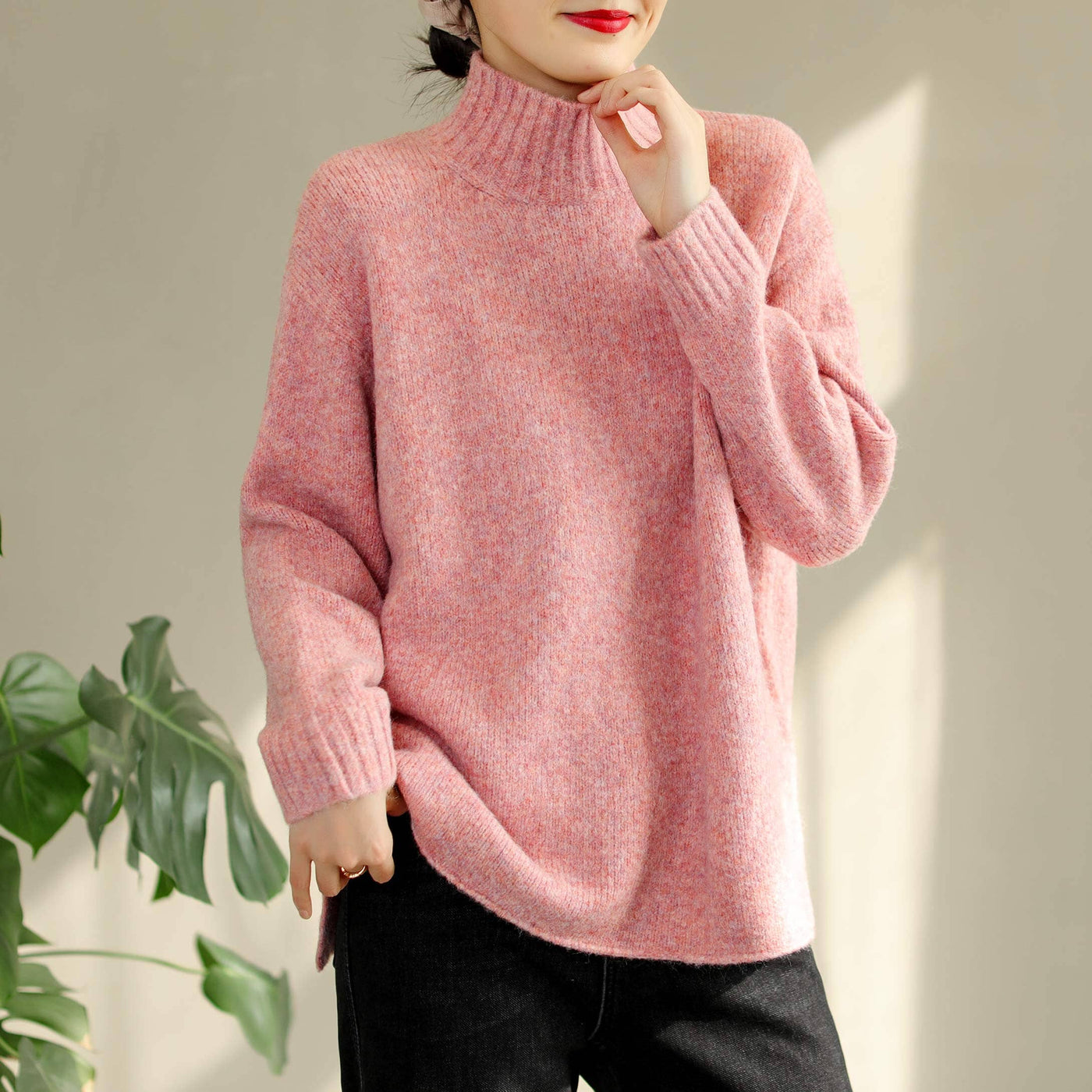 Women Autumn Winter Cotton Knitted Elastic Sweater Nov 2022 New Arrival One Size Pink 