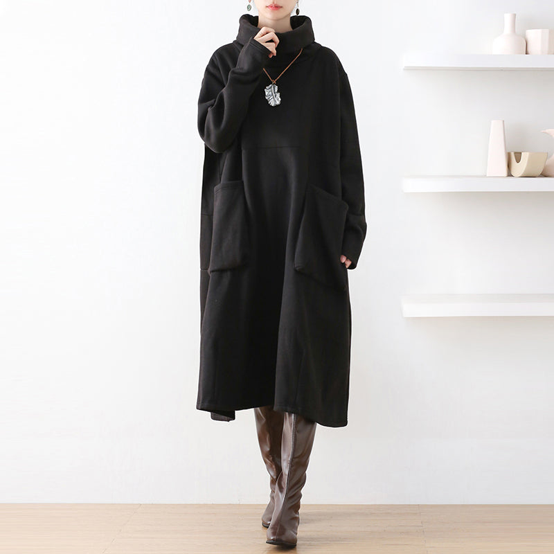 Women Autumn Winter Cotton Loose Retro Solid Dress Sep 2022 New Arrival One Size Black 
