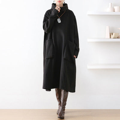 Women Autumn Winter Cotton Loose Retro Solid Dress Sep 2022 New Arrival One Size Black 