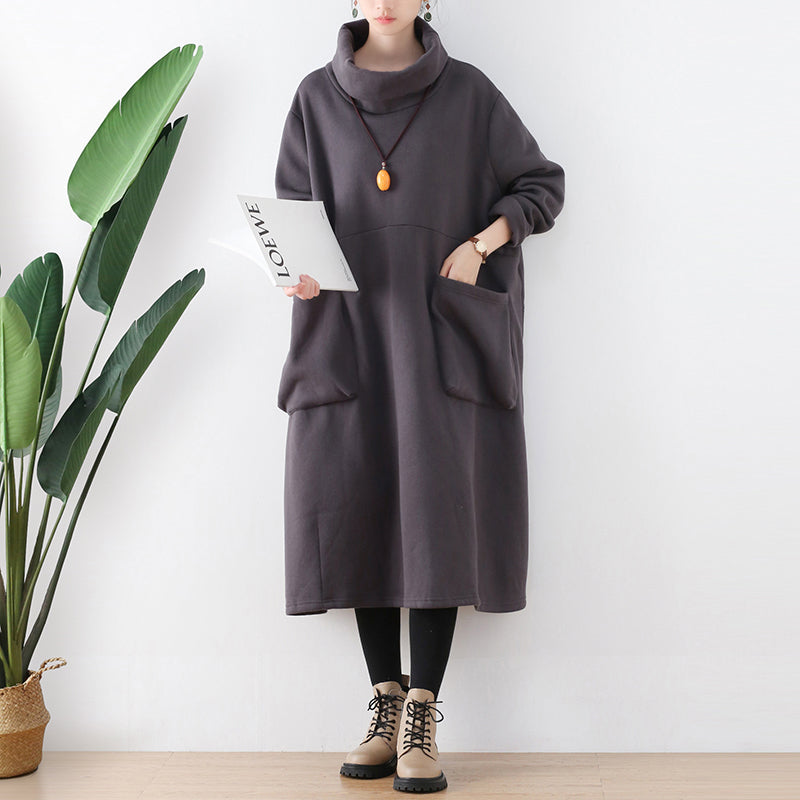 Women Autumn Winter Cotton Loose Retro Solid Dress Sep 2022 New Arrival One Size Gray 
