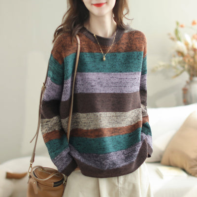 Women Autumn Winter Knitted Stripe Casual Sweater