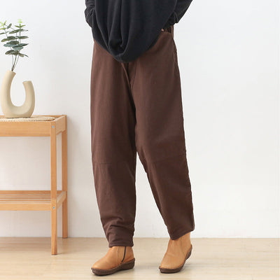 Women Autumn Winter Linen Retro Cotton Padded Pants Sep 2022 New Arrival One Size Brown 