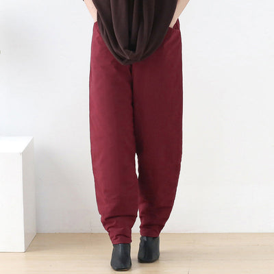 Women Autumn Winter Linen Retro Cotton Padded Pants Sep 2022 New Arrival One Size Wine Red 