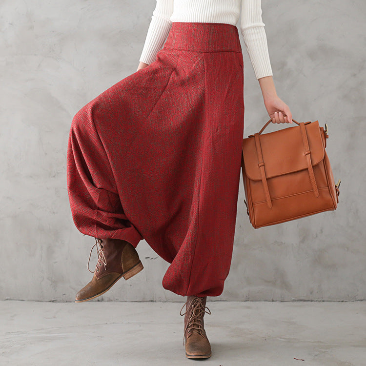 Women Autumn Winter Loose Wide-Leg Cotton Linen Pants