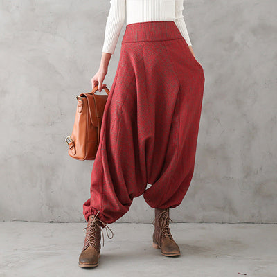Women Autumn Winter Loose Wide-Leg Cotton Linen Pants Oct 2022 New Arrival One Size Red 