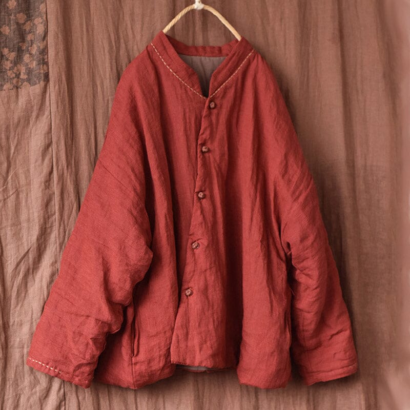 Women Autumn Winter Retro Casual Linen Quilted Jacket Dec 2022 New Arrival Red One Size 