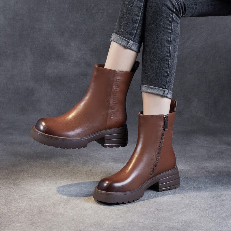 Women Autumn Winter Solid Casual Leather Boots