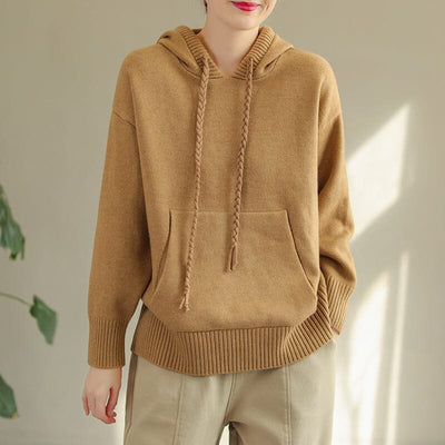 Women Autumn Winter Solid Loose Knitted Hoodie