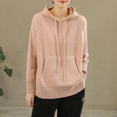 Women Autumn Winter Solid Loose Knitted Hoodie