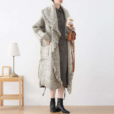 Women Autumn Woolen Knitted Retro Trim Coat