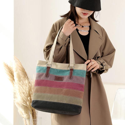 Women Canvas Retro Fashion Colorful Stripe Shoulder Bag