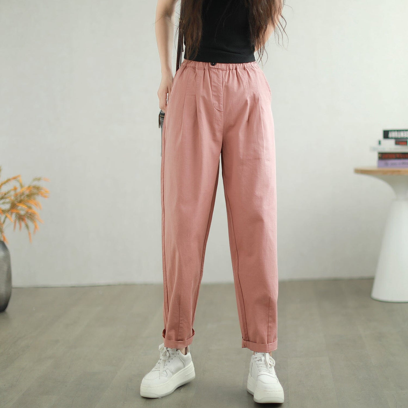 Women Casual Autumn Cotton Loose Harem Pants Aug 2023 New Arrival One Size Pink 