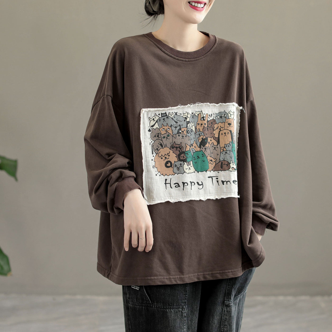 Women Casual Chic Patchwork Cotton Sweater Sep 2022 New Arrival One Size Coffee 