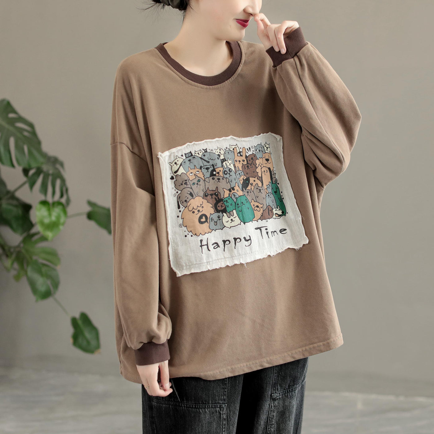 Women Casual Chic Patchwork Cotton Sweater Sep 2022 New Arrival One Size Khaki 