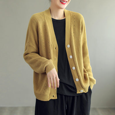 Women Casual Cotton Knitted Solid V-Neck Cardigan