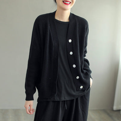 Women Casual Cotton Knitted Solid V-Neck Cardigan Sep 2022 New Arrival One Size Blak 